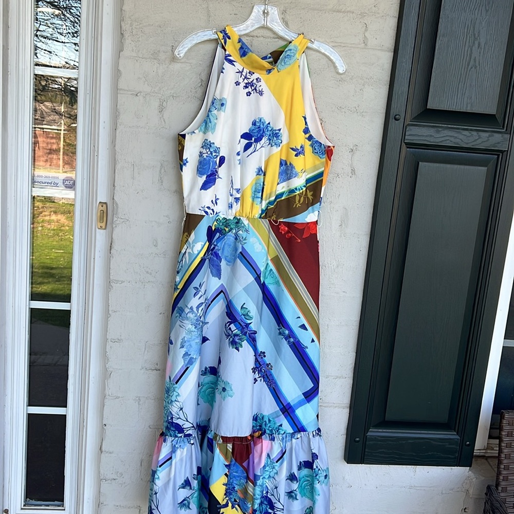 Tahari ASL Blue/Yellow Multi Floral Sleeveless Flounce-Hem Maxi Dress Size 8P - Picture 6 of 16